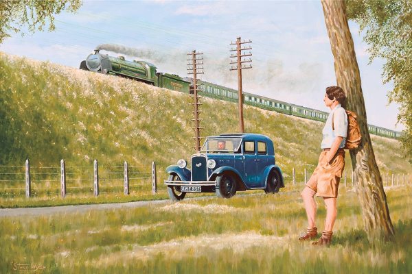 King Arthur locomotive heads an express to the West Country in 1937. Hampshire, UK. The car is an early Austin 7.