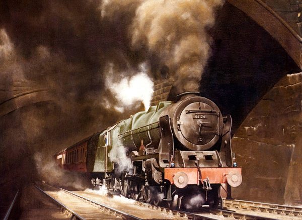 Royal Scot locomotive leaving Liverpool, seen in Edge Hill cutting 1955.