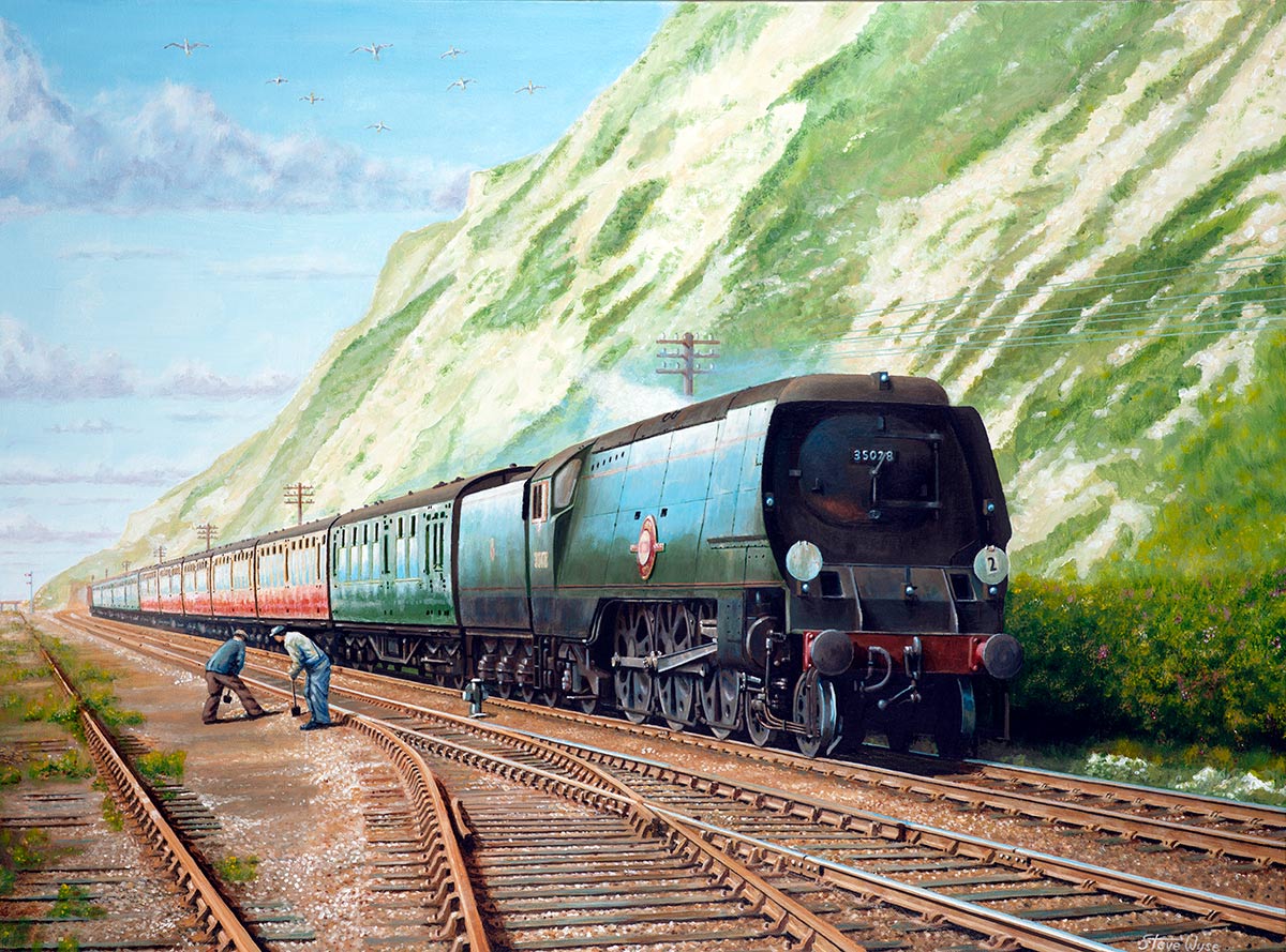 Unrebuilt Bulleid Merchant Navy pacific Clan Line passes Shakespeare Cliff Dover with a boat train. 1956