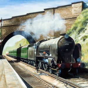 Chelsfield station in 1955. Hasting express behind a Southern Railway Schools class engine.