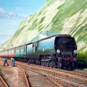 Unrebuilt Bulleid Merchant Navy pacific Clan Line passes Shakespeare Cliff Dover with a boat train. 1956