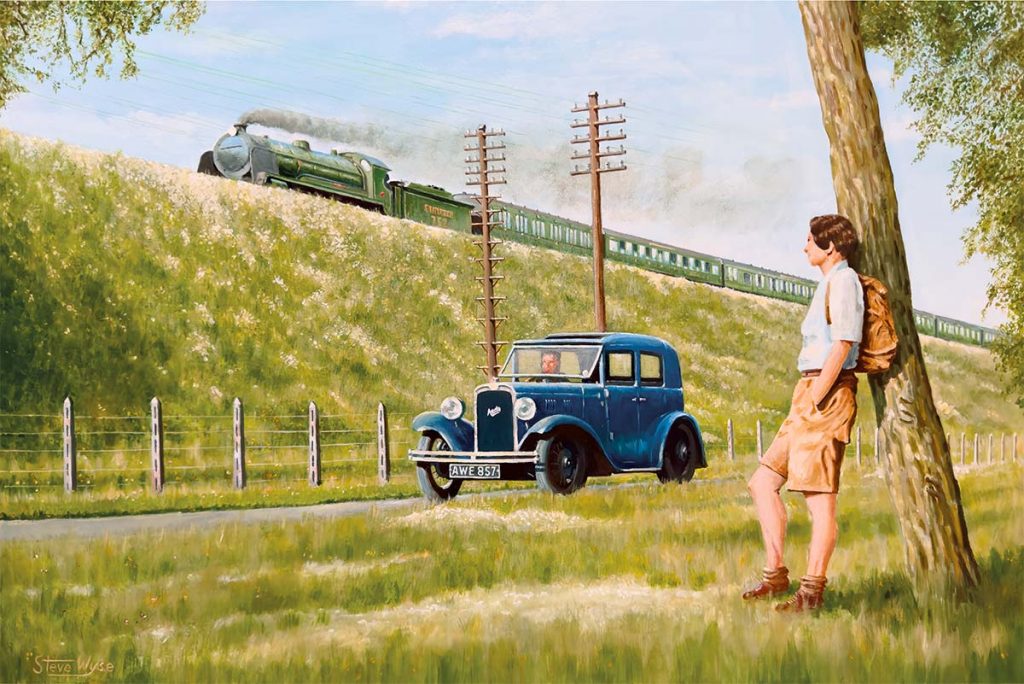 King Arthur locomotive heads an express to the West Country in 1937. Hampshire, UK. The car is an early Austin 7.