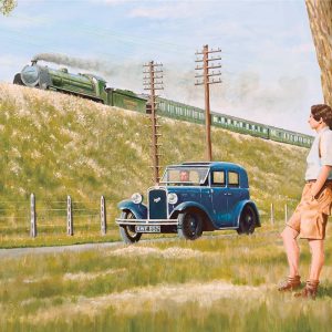 King Arthur locomotive heads an express to the West Country in 1937. Hampshire, UK. The car is an early Austin 7.