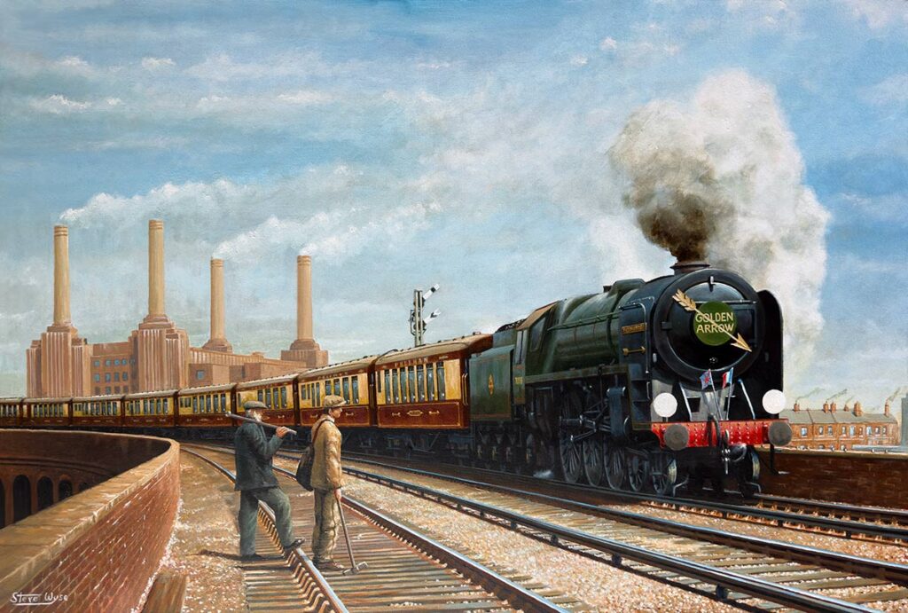 The Golden Arrow Pullman train near Battersea Power Station