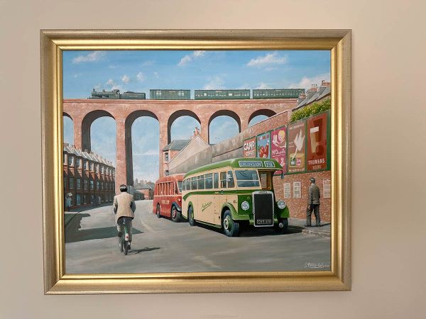 Framed painting of a train crossing Folkestone Viaduct in 1949