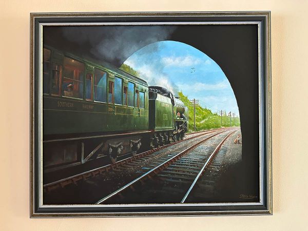 Framed railway painting of a steam train leaving a tunnel on the Hastings - Tonbridge line in 1937