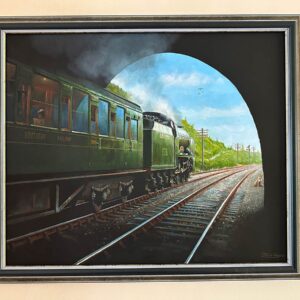 Framed railway painting of a steam train leaving a tunnel on the Hastings - Tonbridge line in 1937