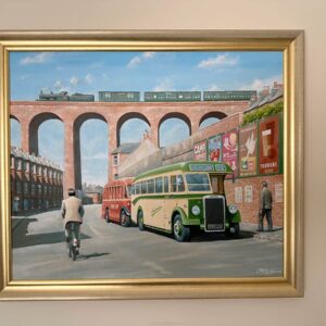 Framed painting of a train crossing Folkestone Viaduct in 1949