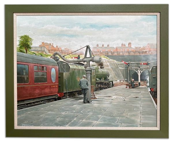 Painting of a train in Nottingham Victoria station.