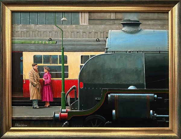 Original railway painting of the boat train to Ostend in London's Victoria station c1956.