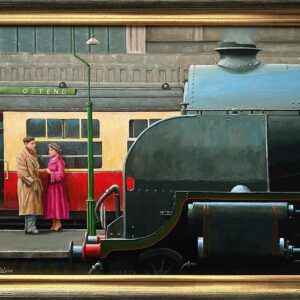 Original railway painting of the boat train to Ostend in London's Victoria station c1956.