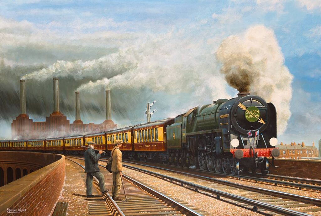 The Golden Arrow Pullman Train passes Battersea Power Station 1956