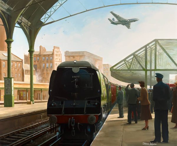 A boat train arrives at London Victoria station behind a Bulleid Battle of Britain locomotive, whilst above circles a new Comet jet aircraft.