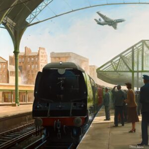 A boat train arrives at London Victoria station behind a Bulleid Battle of Britain locomotive, whilst above circles a new Comet jet aircraft.