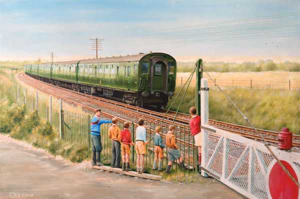 4 CEP electric train at Stone level crossing Kent.