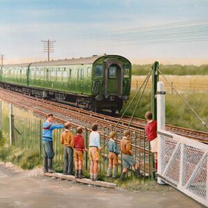 4 CEP electric train at Stone level crossing Kent.