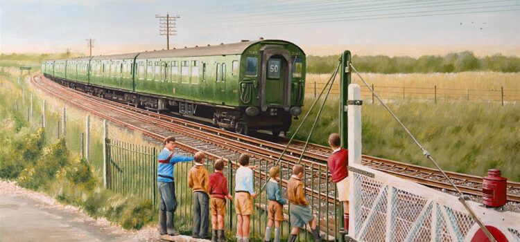 Painting an Electric Train 4 CEP electric train at Stone level crossing Kent.