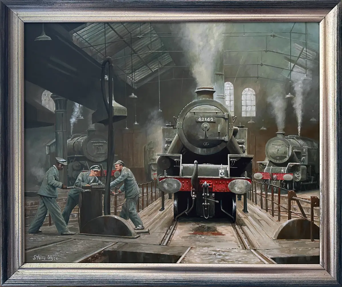 Framed original painting of an engine shed