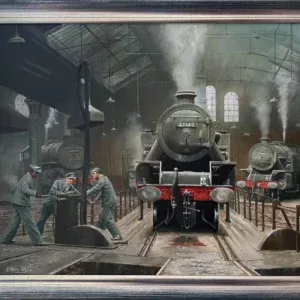 Framed original painting of an engine shed