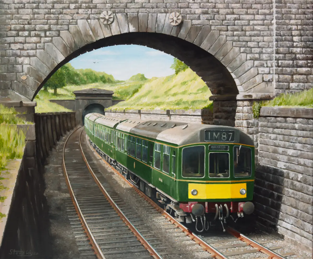 Diesel multiple unit train leaving Bramhope Tunnel in 1963.